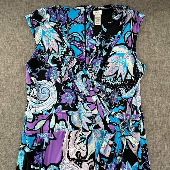 Cache Ruched Wrap Dress Sz 14 Knee Length Purple Blue Black Floral Paisley - Picture 2 of 10